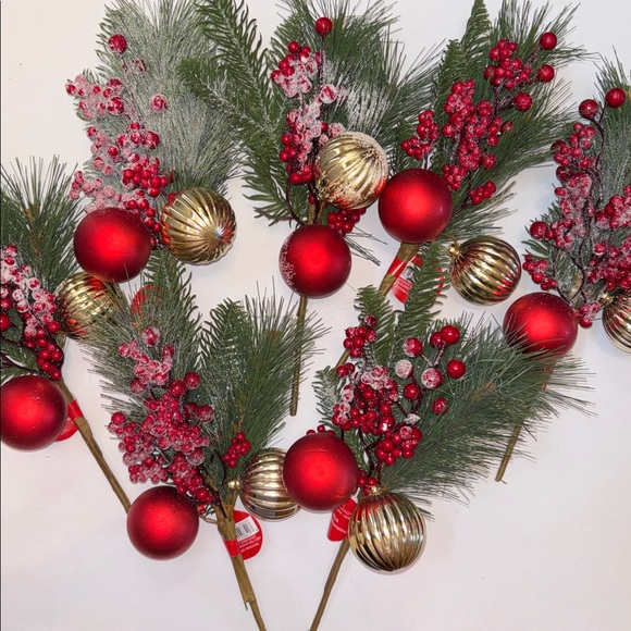 Festive Red & Gold Christmas Pick - Holiday Pine, Berries & Ornaments 7 - Picture 4 of 15